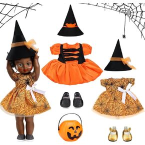 2 Set 18 Inch Halloween Doll Clothes Witch Pumpkin Doll Costumes Dress Outfits Include Witch Hats Dress Shoes Pumpkin Lantern Treat Bag for 18 Inch Girl Doll, Doll is Not Included in Saudi Arabia