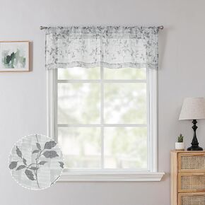 Tollpiz Grey Leaves Sheer Valance Stripe Leaf Print Bedroom Curtain Valances Voile Rod Pocket Valance Curtains for Living Room, 54 x 16 inches Long, Set of 1 Panel