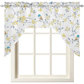 Swag Valance Short Curtains, Yellow Spring Floral 56 x 36 Inch Swag Curtain Panels for Windows, Watercolor Summer Birds Butterfly Drapes Treatment for Bedroom/Laundry