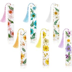 Leezmark 6 Pcs Resin Dried Flower Bookmarks, Transparent Dried Floral Bookmark Cute Pressed Flower Bookmark with Tassels, Gifts for Readers, Page Marker Book Markers for Women Girls Adults Kids