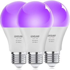 Black Light Bulbs, 75Watt Equivalent Blacklight 9W A19 LED Bulbs E26 Standard Base, UVA Level 395-400nm, Glow in The Dark for Body Paint, Blacklights Party, Fluorescent Poster- 3 Pack