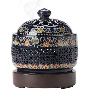 Ceramic Holder Electric Incense Burner Enamel Built-in LED Lights Simulate Flames, Classical, Elegant and High-end Hollow Design