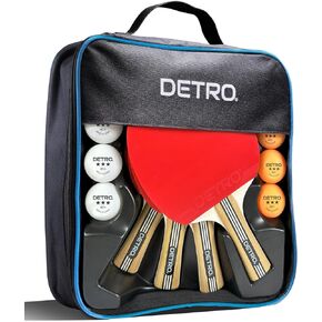 Detro 4 Player Table Tennis Performance Paddle and Ball Set, Premium Ping Pong Set, 4 Premium Table Tennis Paddles, 8 x 3 Star Competition Ping Pong Balls with Storage Case, Indoor Table Tennis Game
