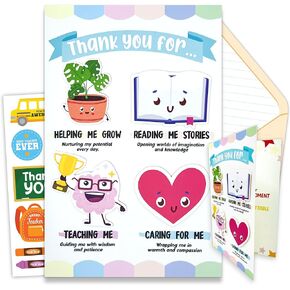Teacher Appreciation Cards Set with Adorable Cutouts - 5x8in Teacher Appreciation Card with Envelope & Stickers, Teacher Thank You Cards for Teachers, Thank You Teacher Card with Printed Message
