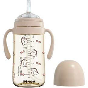 No-spill, Backflow prevention Sippy Cup with Straw, PPSU Learner Cup with Handle for Baby and Toddlers, BPA free, 9.47oz (Daino_Beige)
