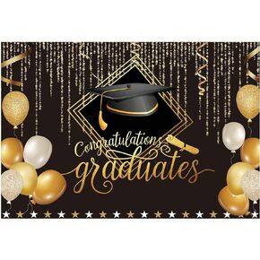 Funnytree 82" x 59" 2024 Class Graduation Photography Backdrop Black and Gold Bachelor Cap Balloon Grad Congrats Party Banner Background for Picture Photo Photobooth Decoration