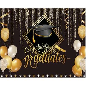 Funnytree 82" x 59" 2024 Class Graduation Photography Backdrop Black and Gold Bachelor Cap Balloon Grad Congrats Party Banner Background for Picture Photo Photobooth Decoration