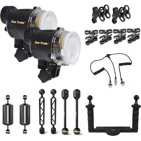 Seafrogs SF-01 Underwater Lighting Strobe Kit. Includes 2X Strobes, 2X Float Balls, 4X Extension Bars, 1xOptical Fiber Cable, 1x Aluminium Tray for SeaFrogs housing with Fiber Optic Port