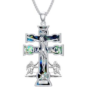 Caravaca Double Cross Necklace 925 Sterling Silver Crucifix Jesus Pendant Necklace Religious Jewelry Gifts for Women Men