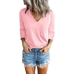 PGANDS Women's 3/4 Sleeve T Shirts V Neck Casual Summer Basic Tops Side Split Pocket Tees