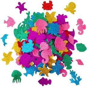 Glitter Colorful Sea Animals Shapes Foam Stickers Self Adhesive Kid's Arts Craft Supplies for Greeting Cards DIY Scrapbooking Cards Wall Creative Toys Home Decoration (Random Colors)