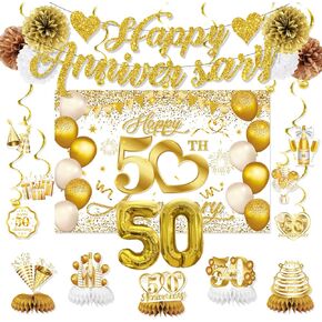 50th Anniversary Decorations, 50th Wedding Anniversary Decorations- Happy 50th Anniversary Banner Backdrop Centerpieces Hanging Swirls Pom Pom, 50th Anniversary Party Decorations Supplies(White Gold)