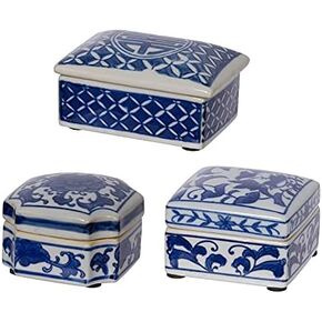 A&B Home Decorative Porcelain Box with Lid Blue and White Set of 3 Glazed Ceramic Hand Painted Jars Centerpiece Asian Decoration