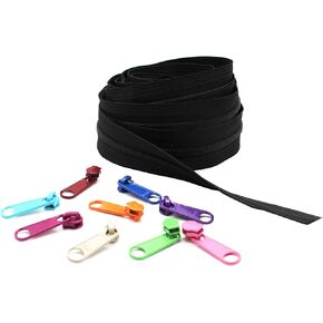 Zipper by The Yard - Ykk #4.5 Nylon Coil Zippers Chain Black 5-Yards of Make Your Own Zipper and 10 Multicolored Pulls in Soft Vinyl