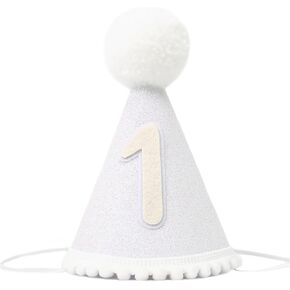 Glitter First Birthday Hat for Baby - Natural Boho 1st Birthday Hat - 1st Birthday party Conical Cap - 1st Birthday Celebration White Hat - Baby First Birthday Crown Props