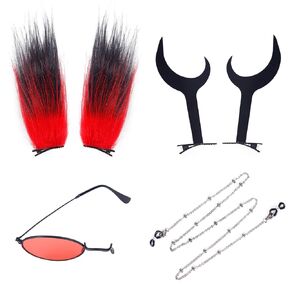 Red and Black Ear Black Horns and Red Monocle with Chain Cosplay Headwear Accessories Set for Alasto r Cosplay