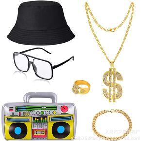 6 Pack 80s 90s Hip Hip Costume Outfit Kit Bucket Hat Fake Gold Chain Sunglasses Dollar Sign Finger Ring Earring Hoop