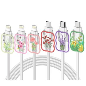 Cute Floral Pattern Cable Protector Compatible with iPhone Type C Lightning Charger (4 Sets)