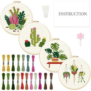 INFUNLY 4 Pack Tropical Plants Embroidery Kit for Beginners Adults Cactus Embroidery Starter Kit Punch Needle Embroidery Kits Palm Leaf Cross Stitch Kits with Patterns Instructions for DIY