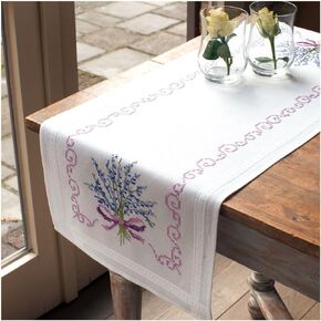 Vervaco Embroidery Kits Cross Stitch Table Runner DIY Kit, Tablecloth to Embroider with Embroidery Image in Modern Design, Cotton and Embroidery Thread, 16 x 40 Inches, Lavender