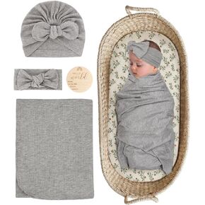 Pink Baby Girl Newborn Swaddle Blanket, Receiving Blankets with Headband and Hat Set for Nursery Swaddle Wrap (62-03)