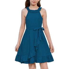 BesserBay Girls Summer Halter Neck Knee Tie Waist Length Casual Dress 5-14 Years