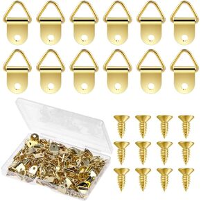 100 Sets Small Triangle Ring Steel Picture Hangers with Screws Picture Frame Triangle Hook with Transparent Box Gold Picture Frames Picture Hang Single Hole Lifting Ring for Hanging Clock Photos