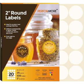 PERFORMORE 2 Inch Round Labels, Pack of 500 Circle Stickers, 25 Sheets of Blank White Printer Labels for Inkjet Laser Printers Ideal for Candles Products Jar and More