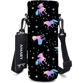 AMARY 500ML Neoprene Water Bottle Carrier Bag with Adjustable Shoulder Strap,Insulated Water Bottle Cover for Stainless Steel/Glass/Plastic Bottles 16.9OZ (Dinosaur)