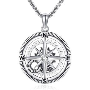 Compass Necklace Sterling Silver Compass Pendant Necklace Travel Jewelry Graduation Gifts for Her Women Men