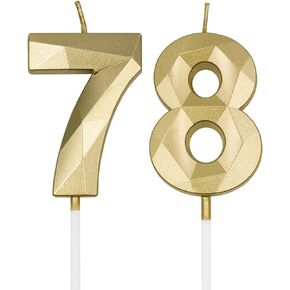 78th & 87th Birthday Candles for Cake, Gold Number 78 87 3D Diamond Shaped Candle Birthday Decorations Party Supplies for Women or Men