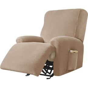 CONRUSER Recliner Chair Covers, 4-Piece Velvet Stretch Recliner Slipcover Single Seat Couch Cover Soft Furniture Protector with Pocket (Beige)
