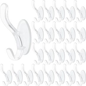 Queekay Clear Adhesive Wall Hooks Transparent Double Holder Hooks for Hanging Christmas Window Bath Bedroom Kitchen Door Acrylic Plastic Non Marking Sticker Hanger (24 Pieces)