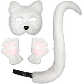 Therian Mask and Tail Cat Masks Animal Tail Fox Glove Set Furry Paws for Halloween Party Costume