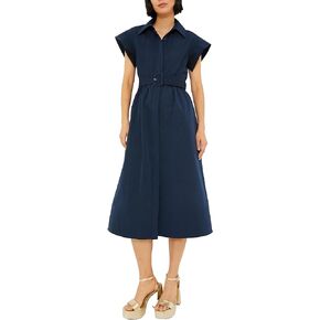 Ladyful Women Casual Button Down Shirt Dress Short Wing Sleeve Buiness Midi Shirt Dress with Belt Elegant Dress