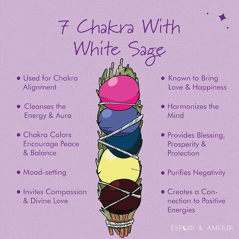 ESPOIR & AMOUR 7 Chakra Sage - 3 Spiritual White Sage Sticks with 7 Chakra Rose Petals for Smudging, Healing and Ritual | Sustainably Harvested 4 Inch Californian 7 Chakra White Sage Bundle in Saudi Arabia