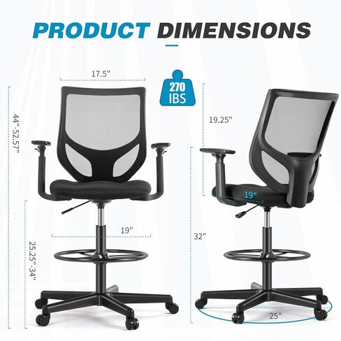 Drafting Chair, Standing Desk Chair with Adjustable Armrests and Foot Ring, Height Adjustable Tall Office Chair with Ergonomic Lumbar Support, 360 Degree Swivel Rolling Chair, Breathable Mesh Chair in Kuwait