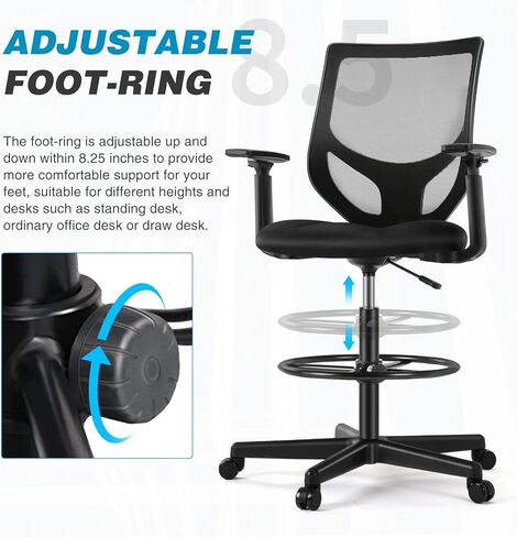 Drafting Chair, Standing Desk Chair with Adjustable Armrests and Foot Ring, Height Adjustable Tall Office Chair with Ergonomic Lumbar Support, 360 Degree Swivel Rolling Chair, Breathable Mesh Chair in Kuwait