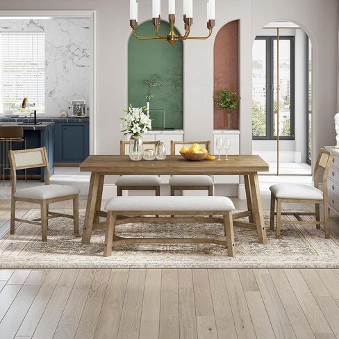 طاولة طعام مكونة من 6 مقاعد، أطقم مطبخ مكونة من ست قطع مع سطح طاولة مستطيل، وكرسي مبطن منجد مع مسند ظهر من الروطان، وزاوية إفطار حديثة لمساحة صغيرة كبيرة، طبيعية in Kuwait