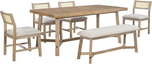 طاولة طعام مكونة من 6 مقاعد، أطقم مطبخ مكونة من ست قطع مع سطح طاولة مستطيل، وكرسي مبطن منجد مع مسند ظهر من الروطان، وزاوية إفطار حديثة لمساحة صغيرة كبيرة، طبيعية in Kuwait