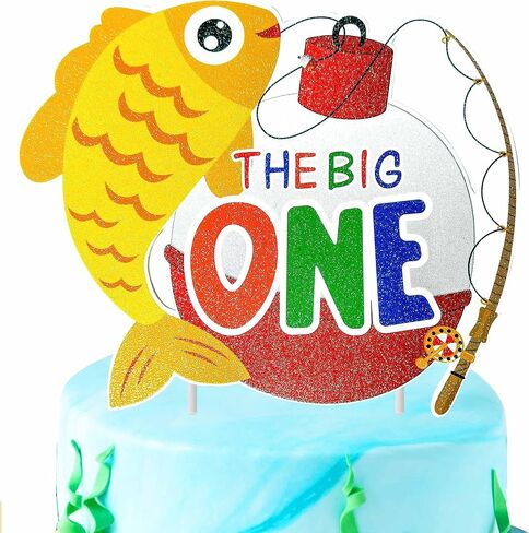 Gone Fishing Cake Topper Fishing Birthday Cake Pick Fisherman Happy Birthday Cake Decoration Fish Big One Cake Topper for Catch The Big One Fish Baby Shower Supplies in Saudi Arabia