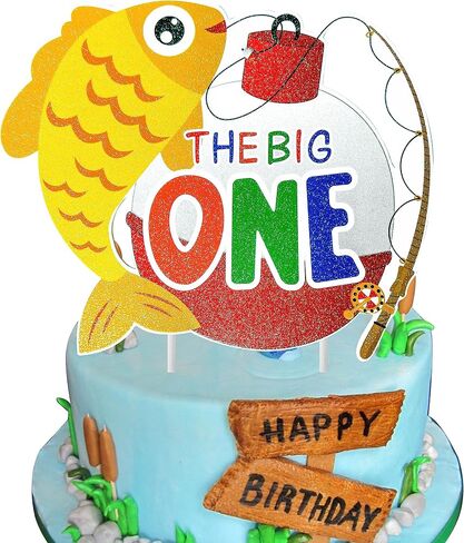 Gone Fishing Cake Topper Fishing Birthday Cake Pick Fisherman Happy Birthday Cake Decoration Fish Big One Cake Topper for Catch The Big One Fish Baby Shower Supplies in Saudi Arabia