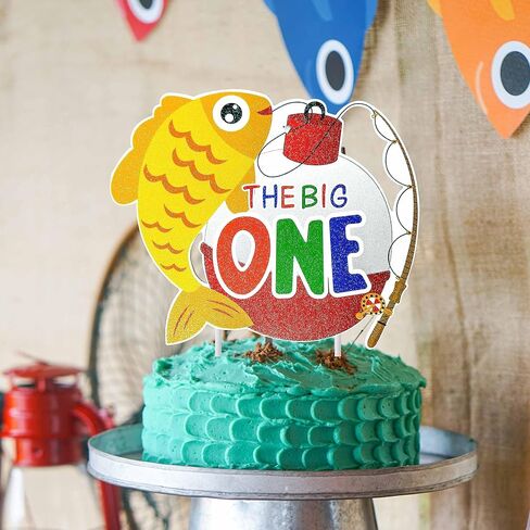 Gone Fishing Cake Topper Fishing Birthday Cake Pick Fisherman Happy Birthday Cake Decoration Fish Big One Cake Topper for Catch The Big One Fish Baby Shower Supplies in Saudi Arabia