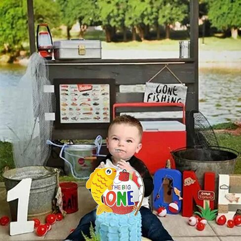 Gone Fishing Cake Topper Fishing Birthday Cake Pick Fisherman Happy Birthday Cake Decoration Fish Big One Cake Topper for Catch The Big One Fish Baby Shower Supplies in Saudi Arabia