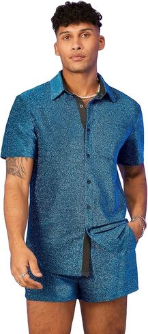 WDIRARA Men's 2 Piece Outfits Glitter Button Front Short Sleeve Collar Knitted Shirt and High Waist Shorts in Saudi Arabia