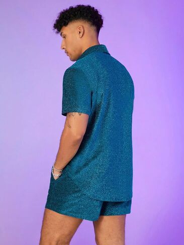 WDIRARA Men's 2 Piece Outfits Glitter Button Front Short Sleeve Collar Knitted Shirt and High Waist Shorts in Saudi Arabia