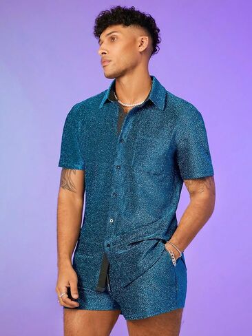 WDIRARA Men's 2 Piece Outfits Glitter Button Front Short Sleeve Collar Knitted Shirt and High Waist Shorts in Saudi Arabia