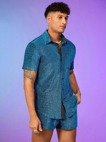 WDIRARA Men's 2 Piece Outfits Glitter Button Front Short Sleeve Collar Knitted Shirt and High Waist Shorts in Saudi Arabia