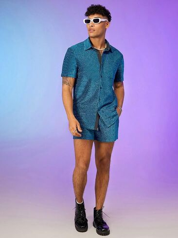 WDIRARA Men's 2 Piece Outfits Glitter Button Front Short Sleeve Collar Knitted Shirt and High Waist Shorts in Saudi Arabia