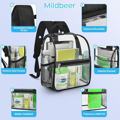 Mildbeer Small Clear Backpack - Stadium Approved 12x12x6 Clear Backpack for Women with 2 Bottle Holders for Festival Concert Travel Sport Games Venues in Saudi Arabia